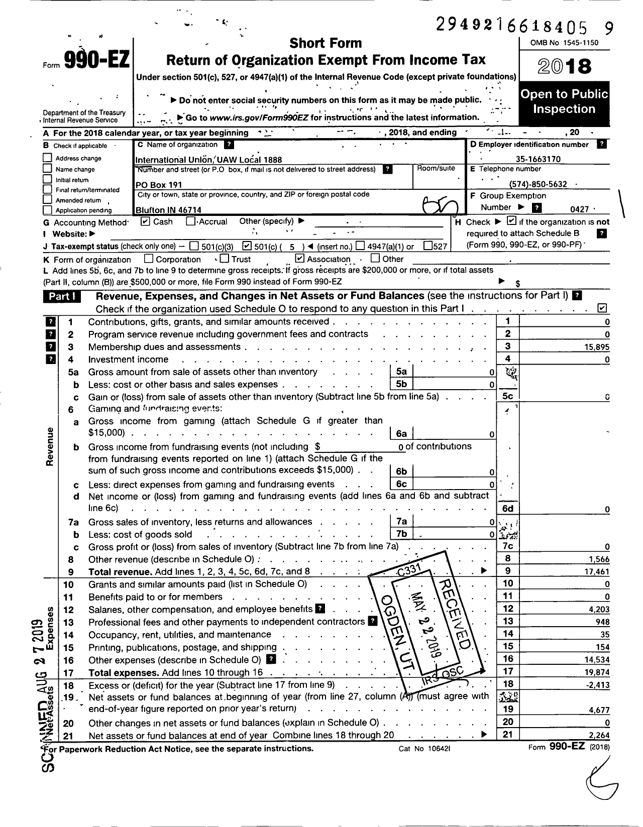 Image of first page of 2018 Form 990EO for Uaw - 1888 Local U A W