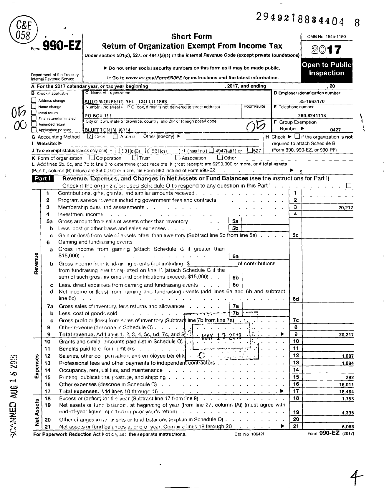 Image of first page of 2017 Form 990EO for Uaw - 1888 Local U A W