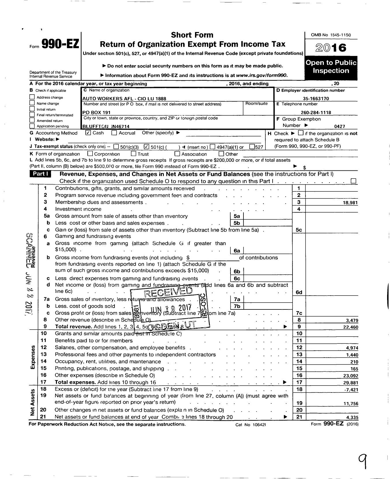 Image of first page of 2016 Form 990EO for Uaw - 1888 Local U A W