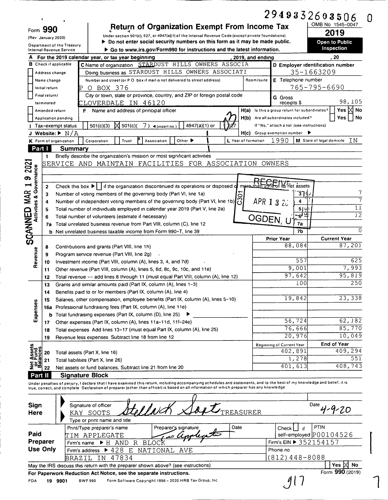 Image of first page of 2019 Form 990 for StarDust Hills Owners Association