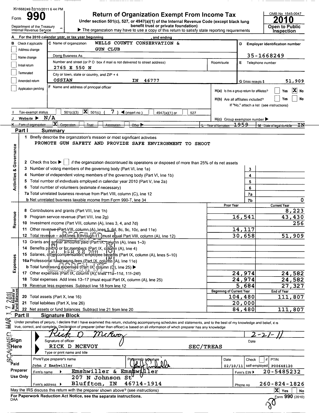 Image of first page of 2010 Form 990O for Wells County Conservation and Gun Club