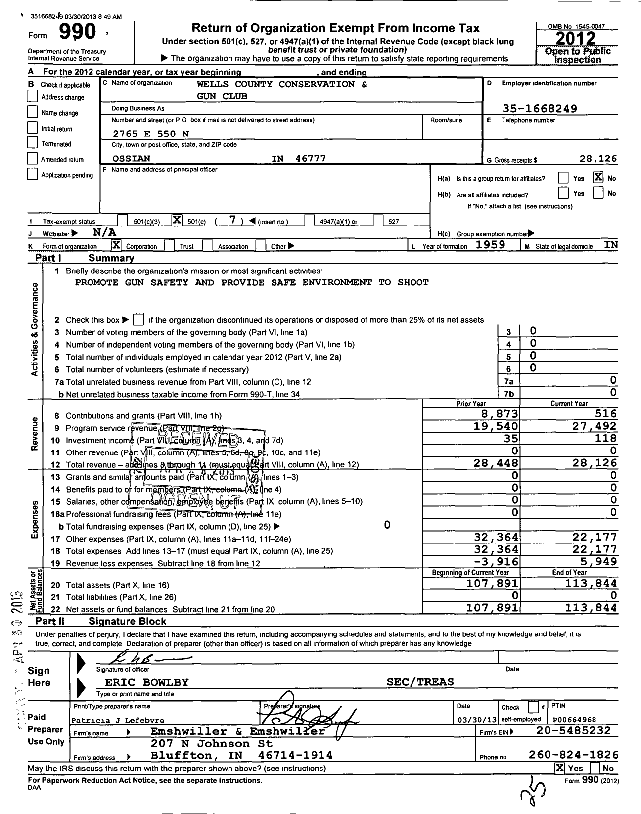 Image of first page of 2012 Form 990O for Wells County Conservation and Gun Club