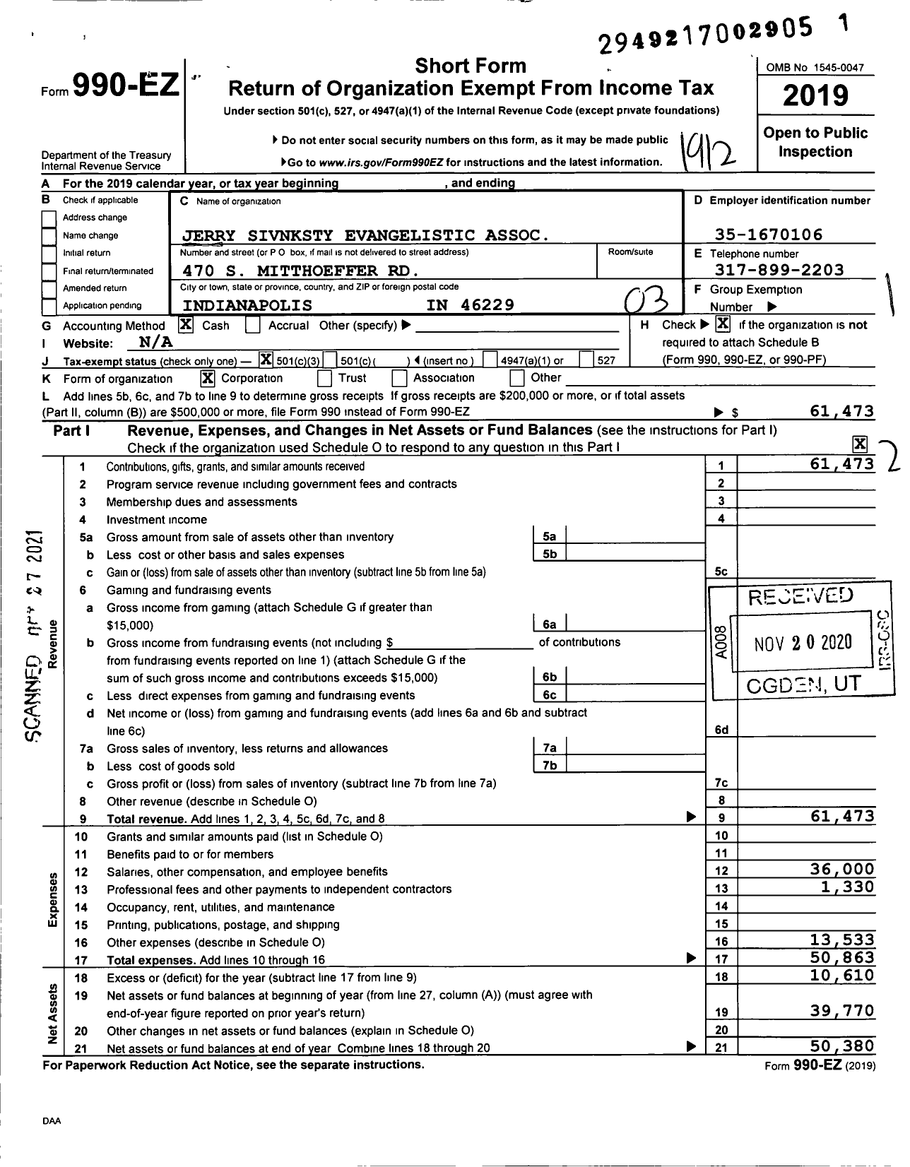 Image of first page of 2019 Form 990EZ for Jerry Sivnksty Evangelistic Association