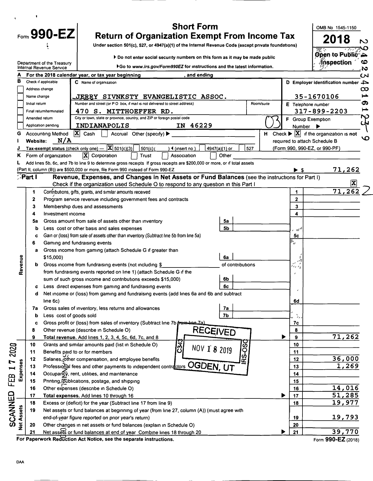 Image of first page of 2018 Form 990EZ for Jerry Sivnksty Evangelistic Association