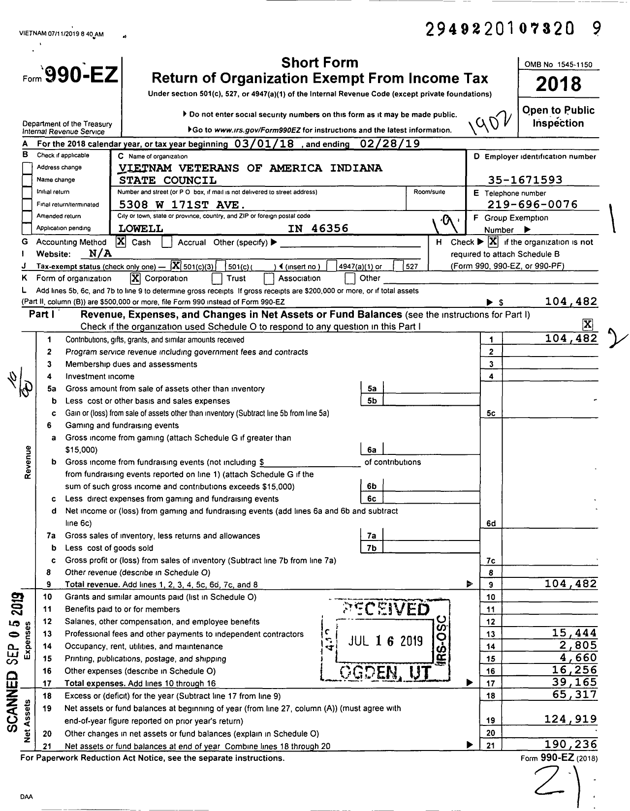 Image of first page of 2018 Form 990EO for Vietnam Veterans of America - 5 Vva in State Council