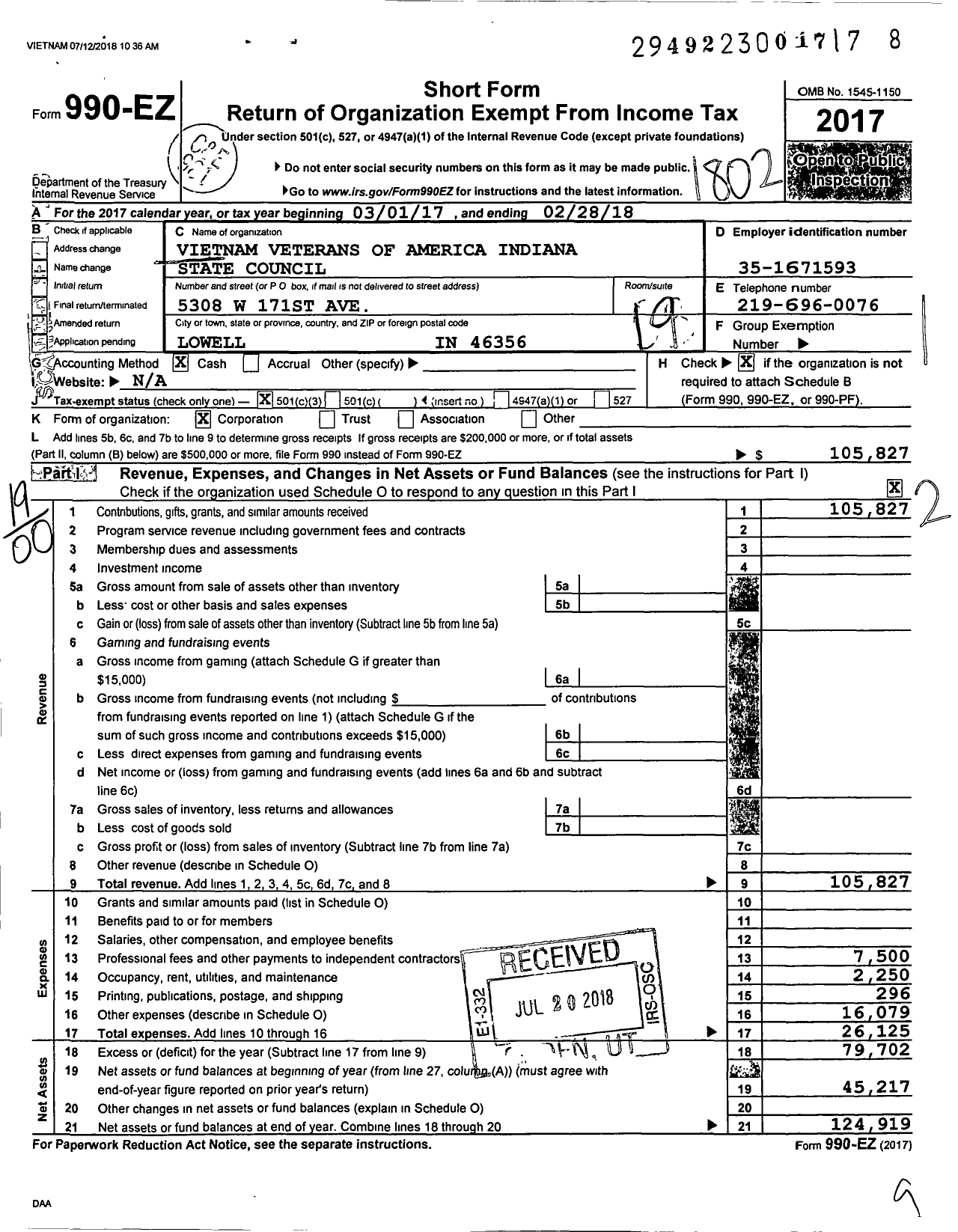 Image of first page of 2017 Form 990EO for Vietnam Veterans of America - 5 Vva in State Council