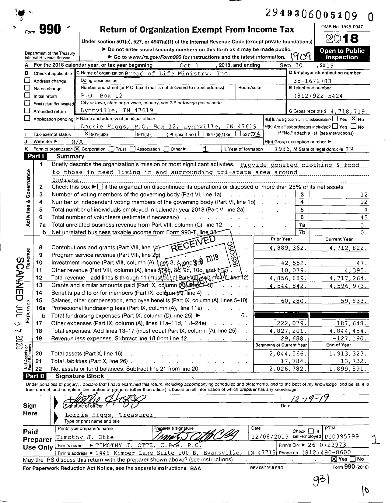 Image of first page of 2018 Form 990 for Bread of Life Ministry