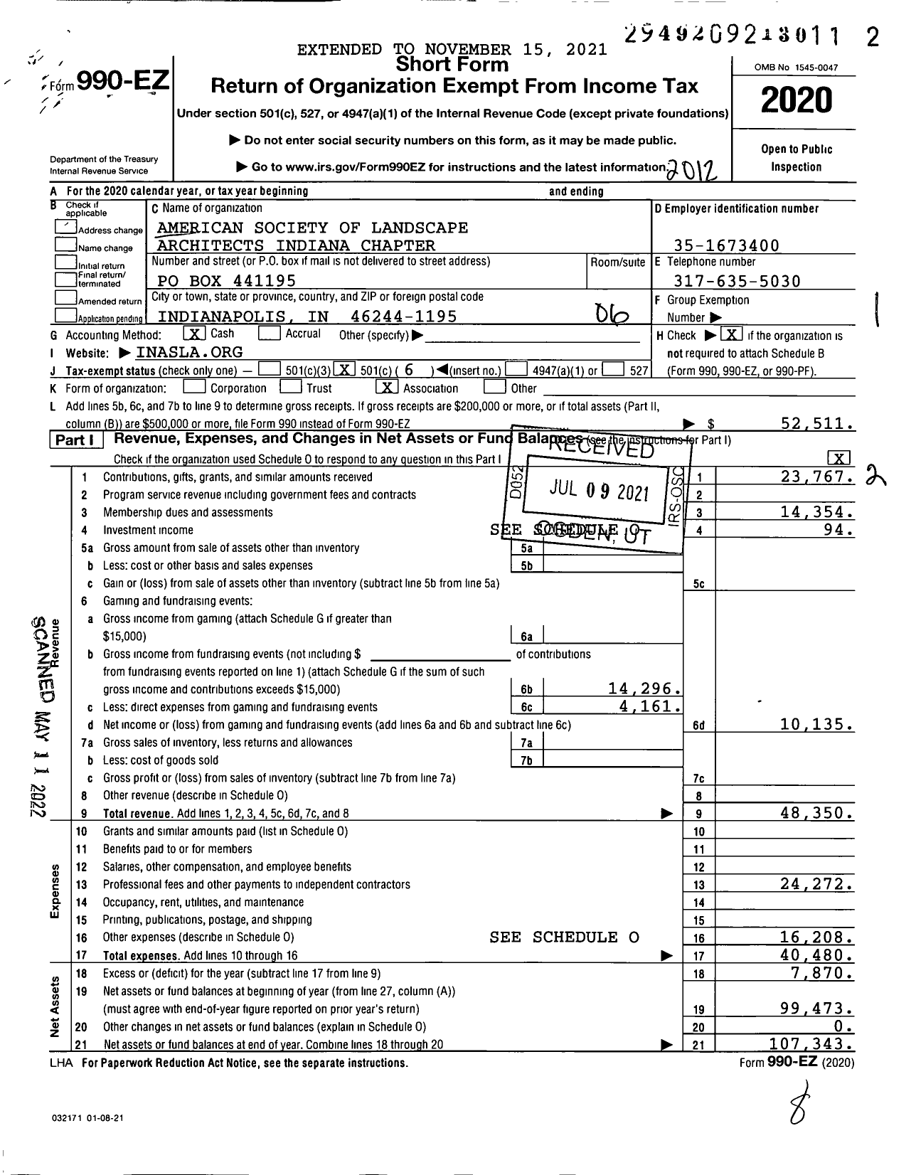 Image of first page of 2020 Form 990EO for American Society of Landscape Architects Indiana Chapter