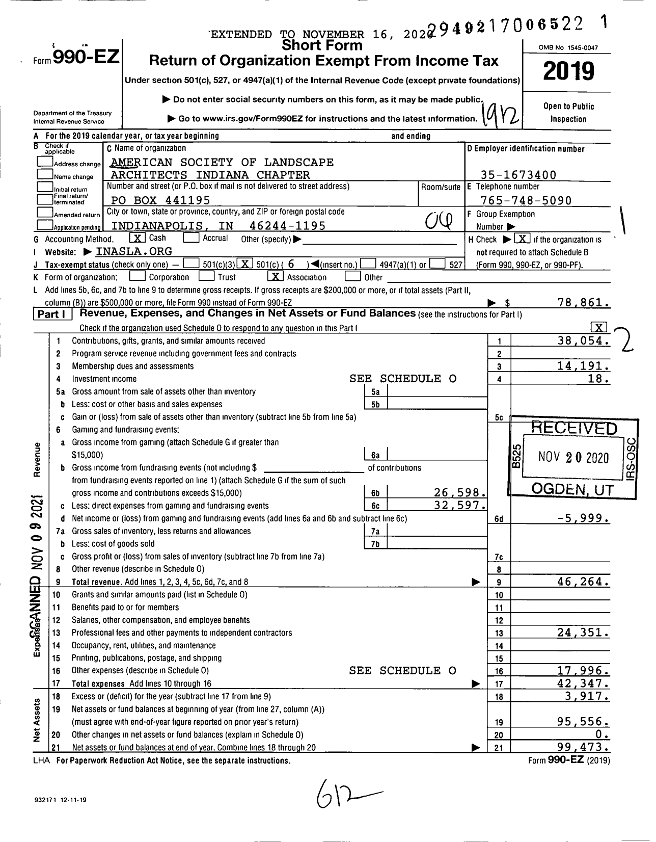 Image of first page of 2019 Form 990EO for American Society of Landscape Architects Indiana Chapter