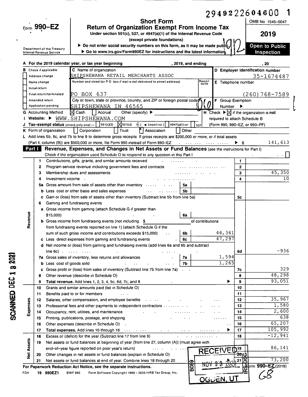 Image of first page of 2019 Form 990EO for Shipshewana Retail Merchants Association