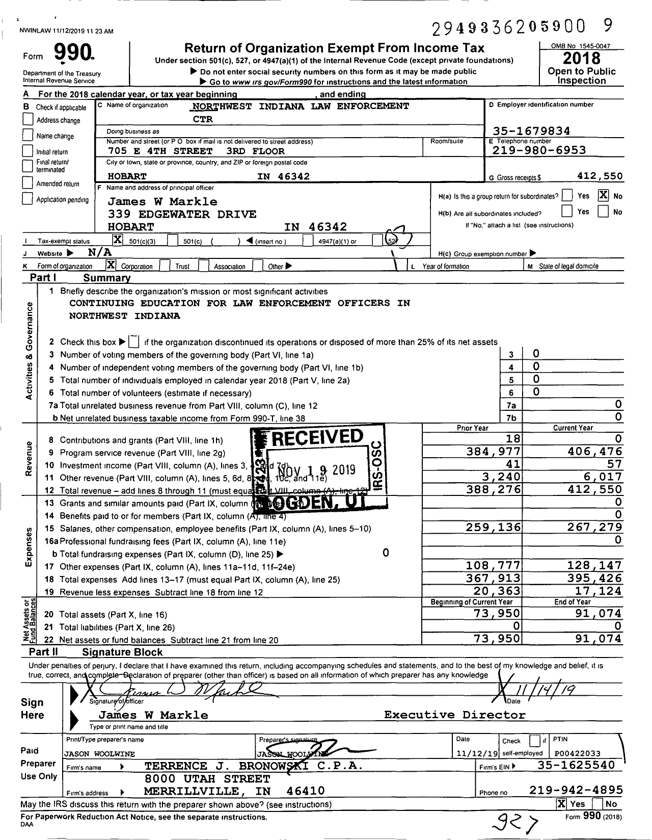 Image of first page of 2018 Form 990 for Northwest Indiana Law Enforcement Center