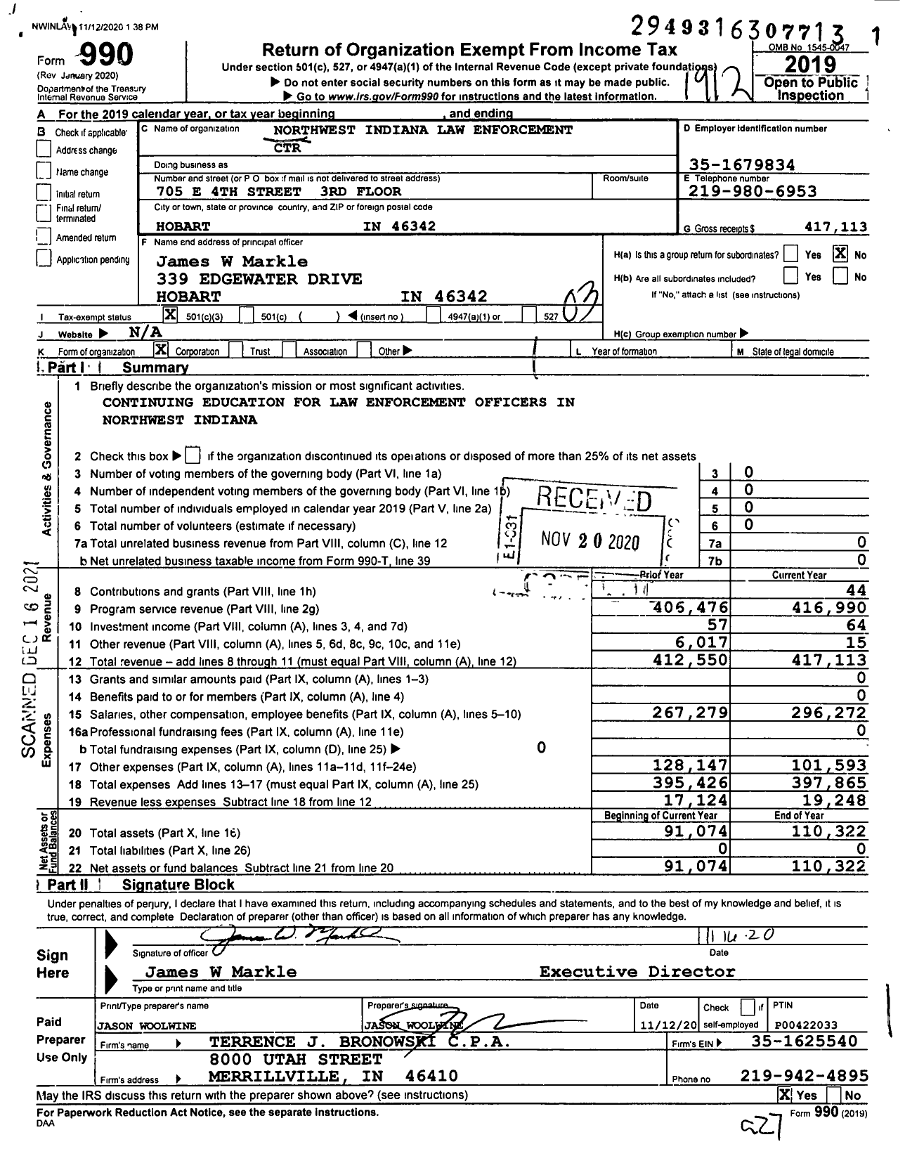 Image of first page of 2019 Form 990 for Northwest Indiana Law Enforcement Center