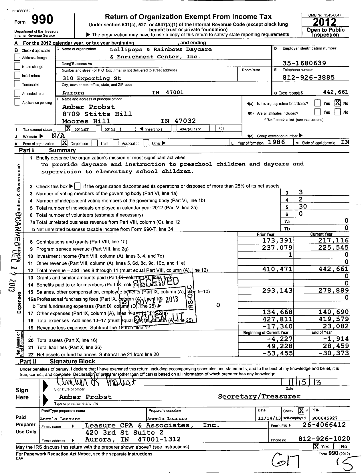 Image of first page of 2012 Form 990 for Lollipops and Rainbows Daycare and Enrichment Center