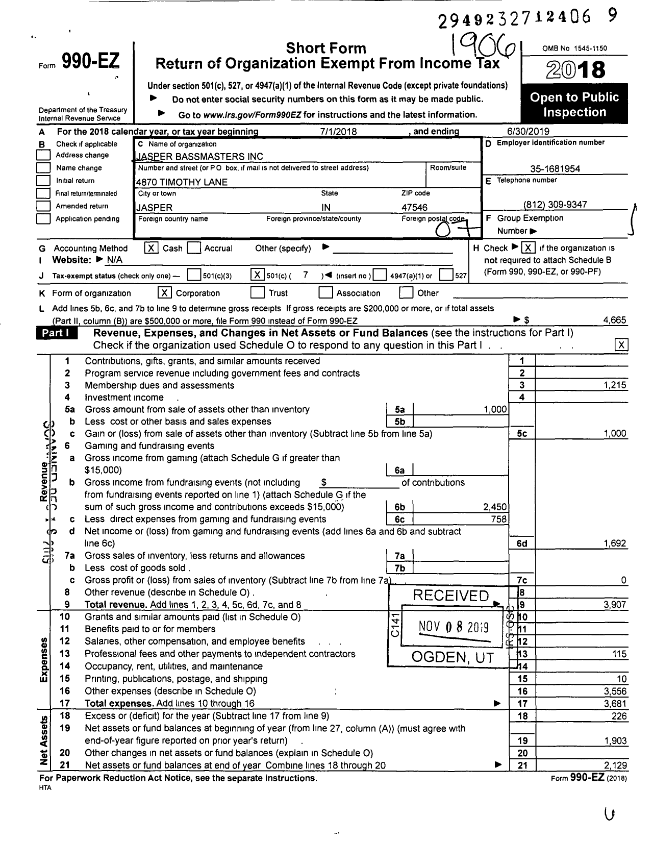 Image of first page of 2018 Form 990EO for Jasper Bassmasters