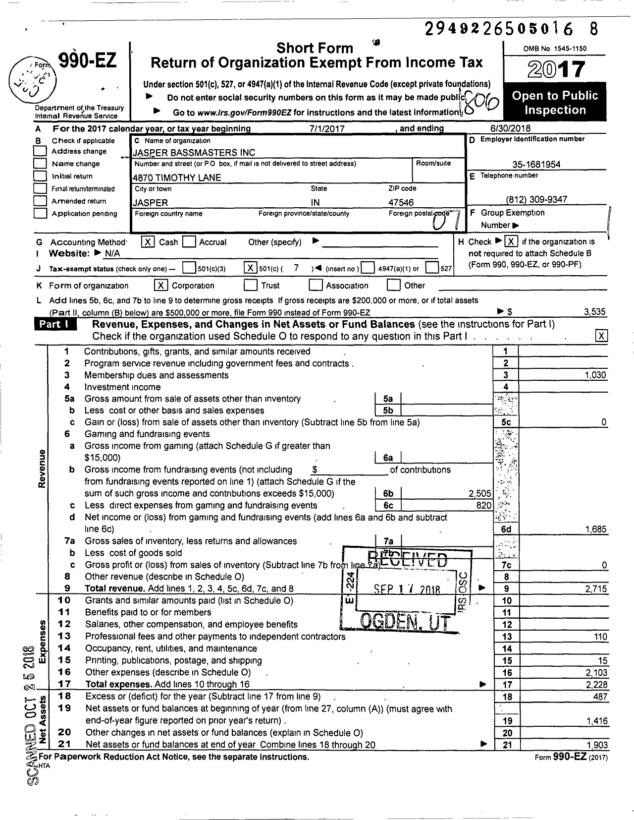 Image of first page of 2017 Form 990EO for Jasper Bassmasters