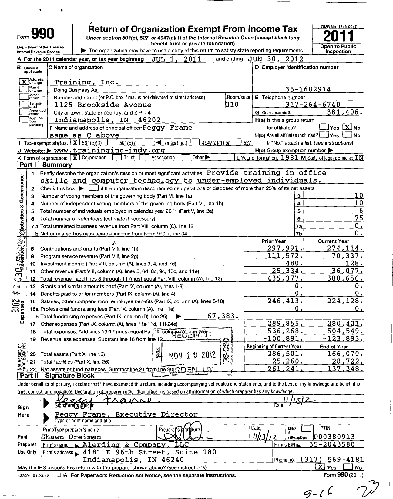 Image of first page of 2011 Form 990 for Training