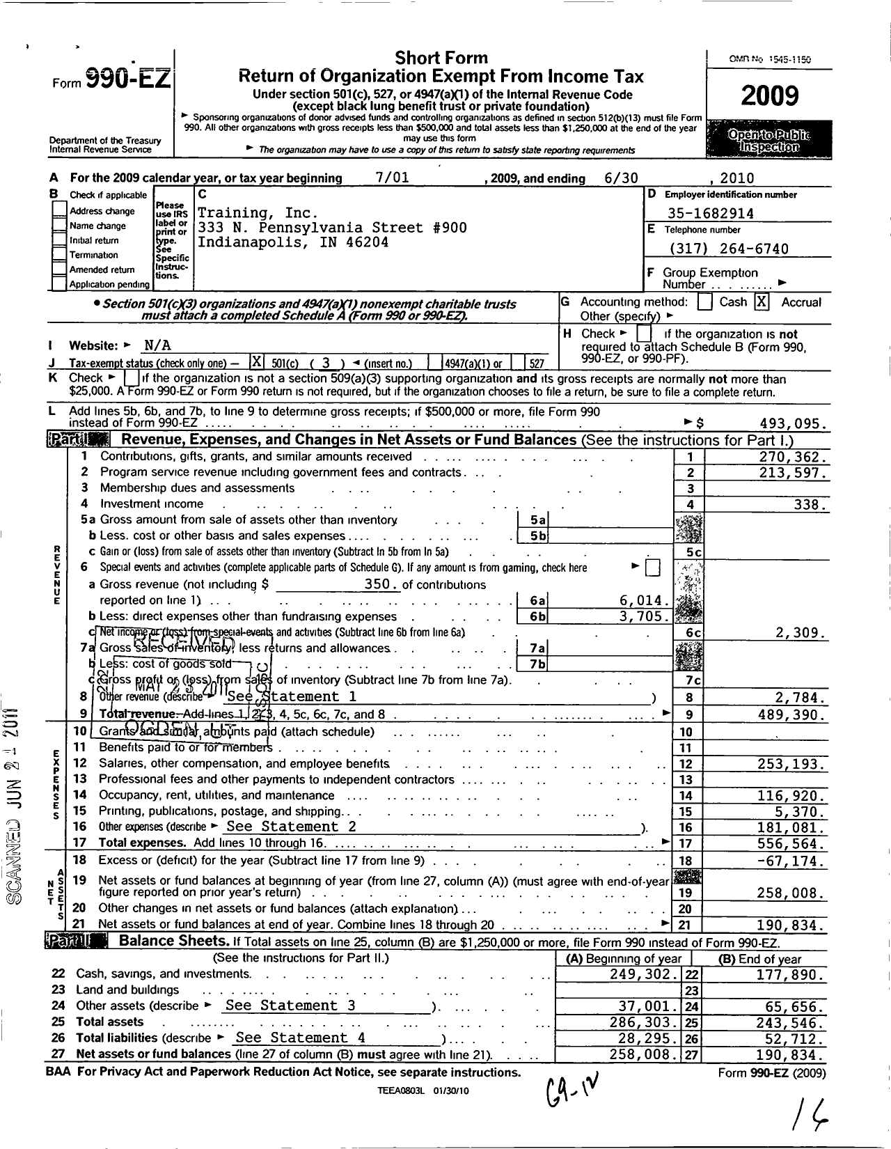 Image of first page of 2009 Form 990EZ for Training