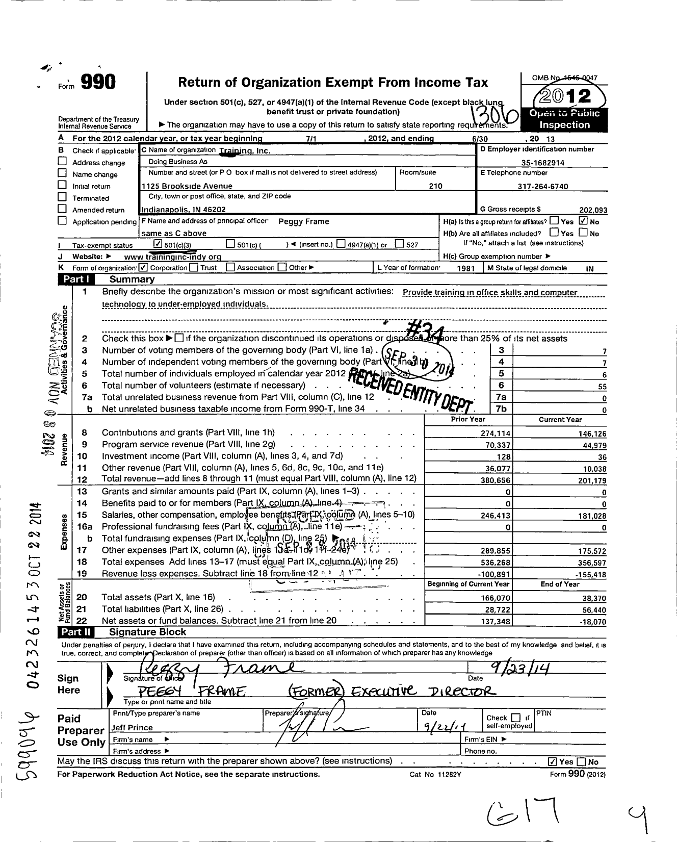 Image of first page of 2012 Form 990 for Training