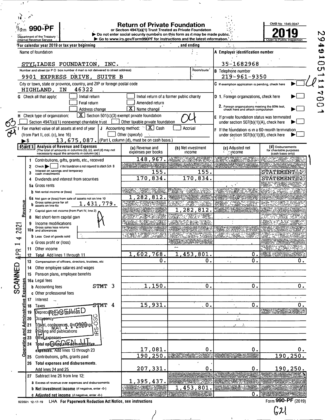 Image of first page of 2019 Form 990PF for Styliades Foundation