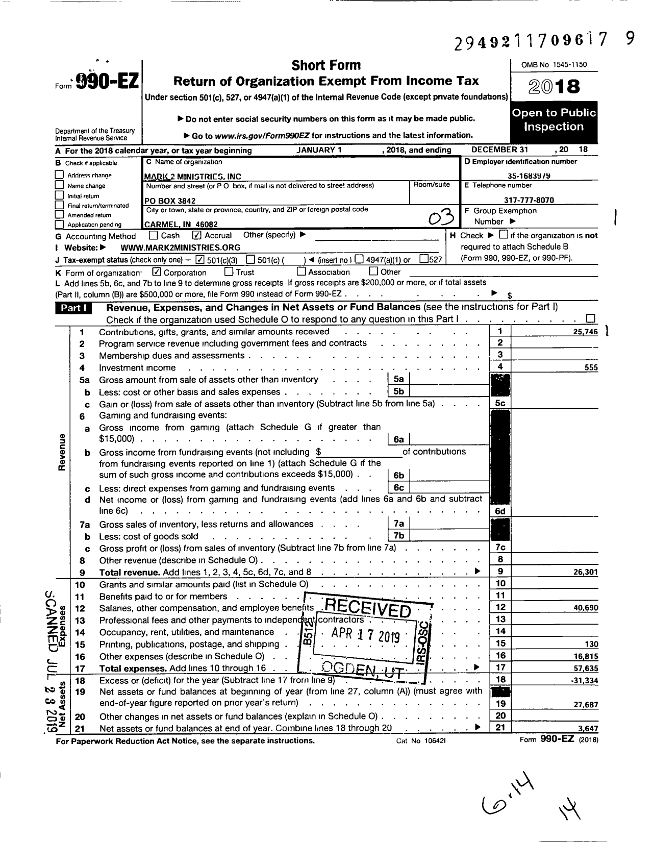 Image of first page of 2018 Form 990EZ for Mark 2 Ministries