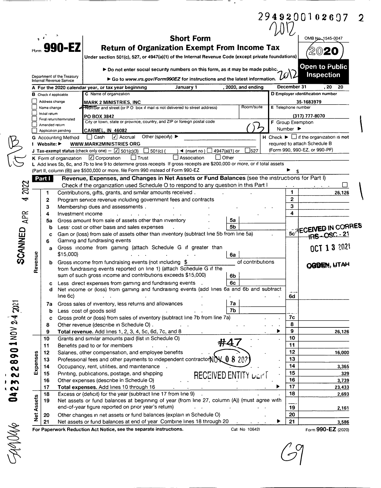 Image of first page of 2020 Form 990EZ for Mark 2 Ministries