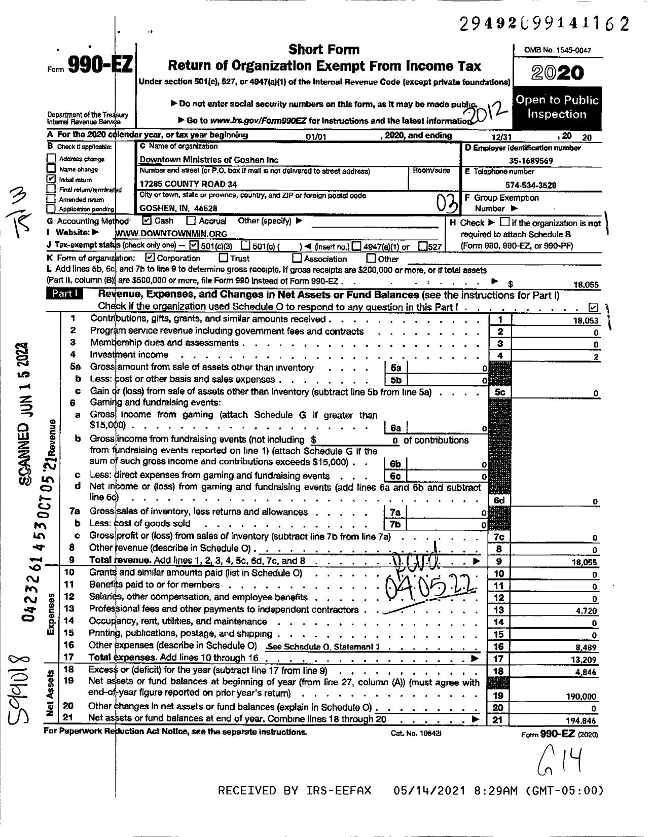 Image of first page of 2020 Form 990EZ for Downtown Ministries of Goshen