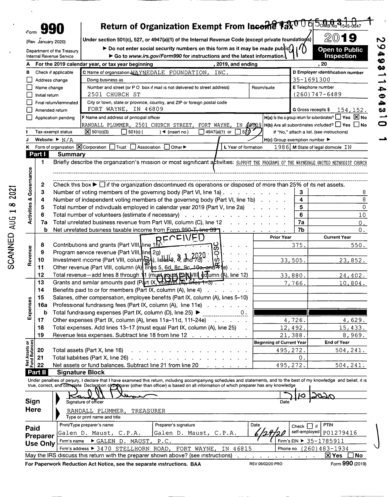 Image of first page of 2019 Form 990 for Waynedale Foundation