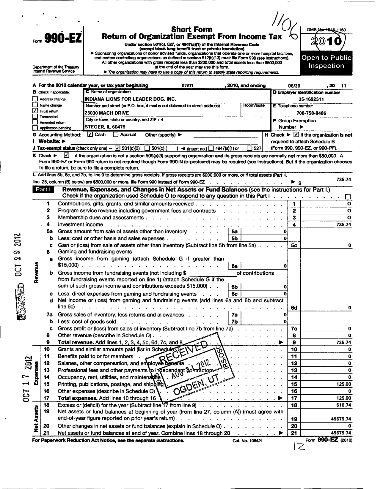 Image of first page of 2010 Form 990EZ for Indiana Lions for Leader Dog