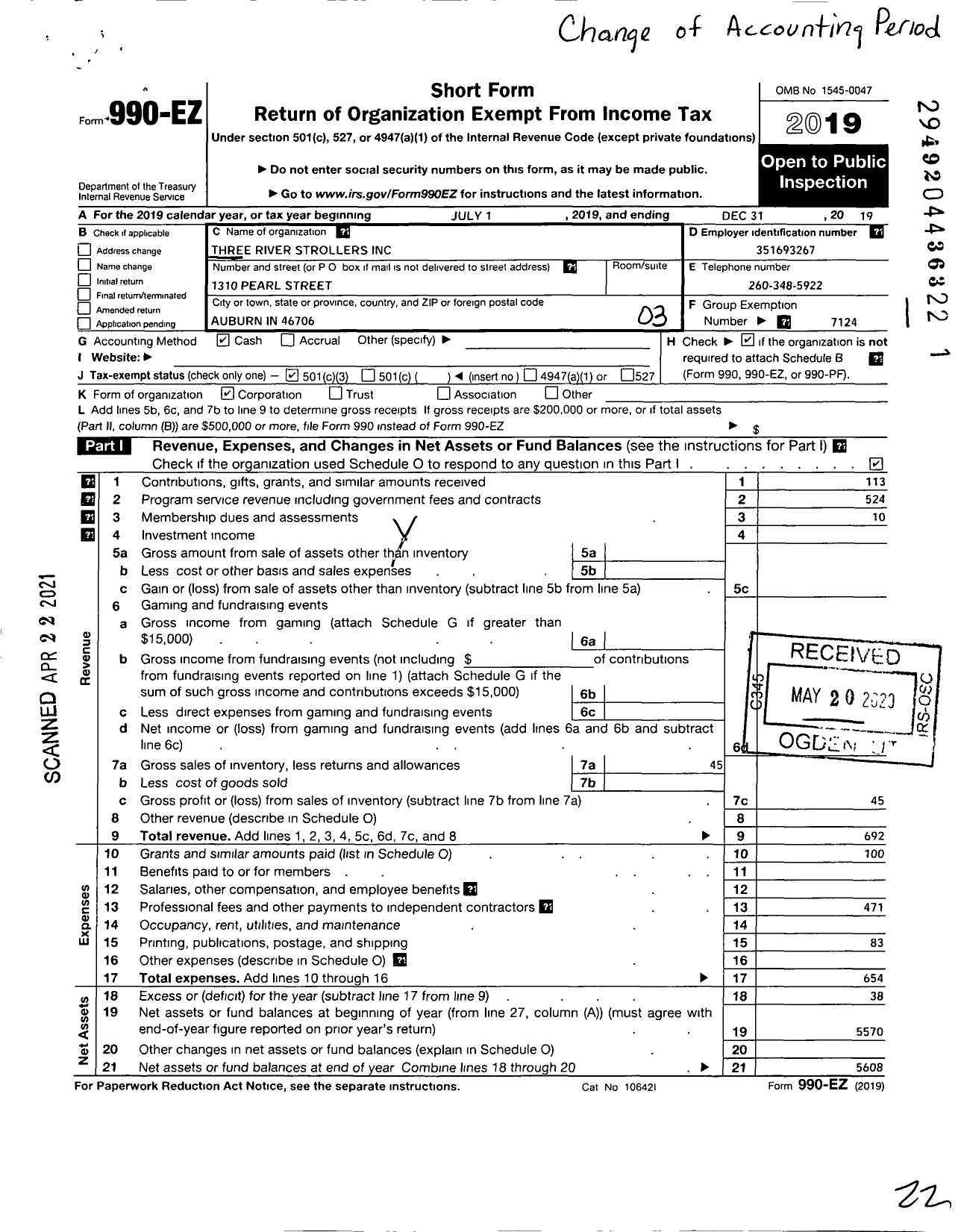 Image of first page of 2019 Form 990EZ for American Volkssport Association - 62 Three River Strollers