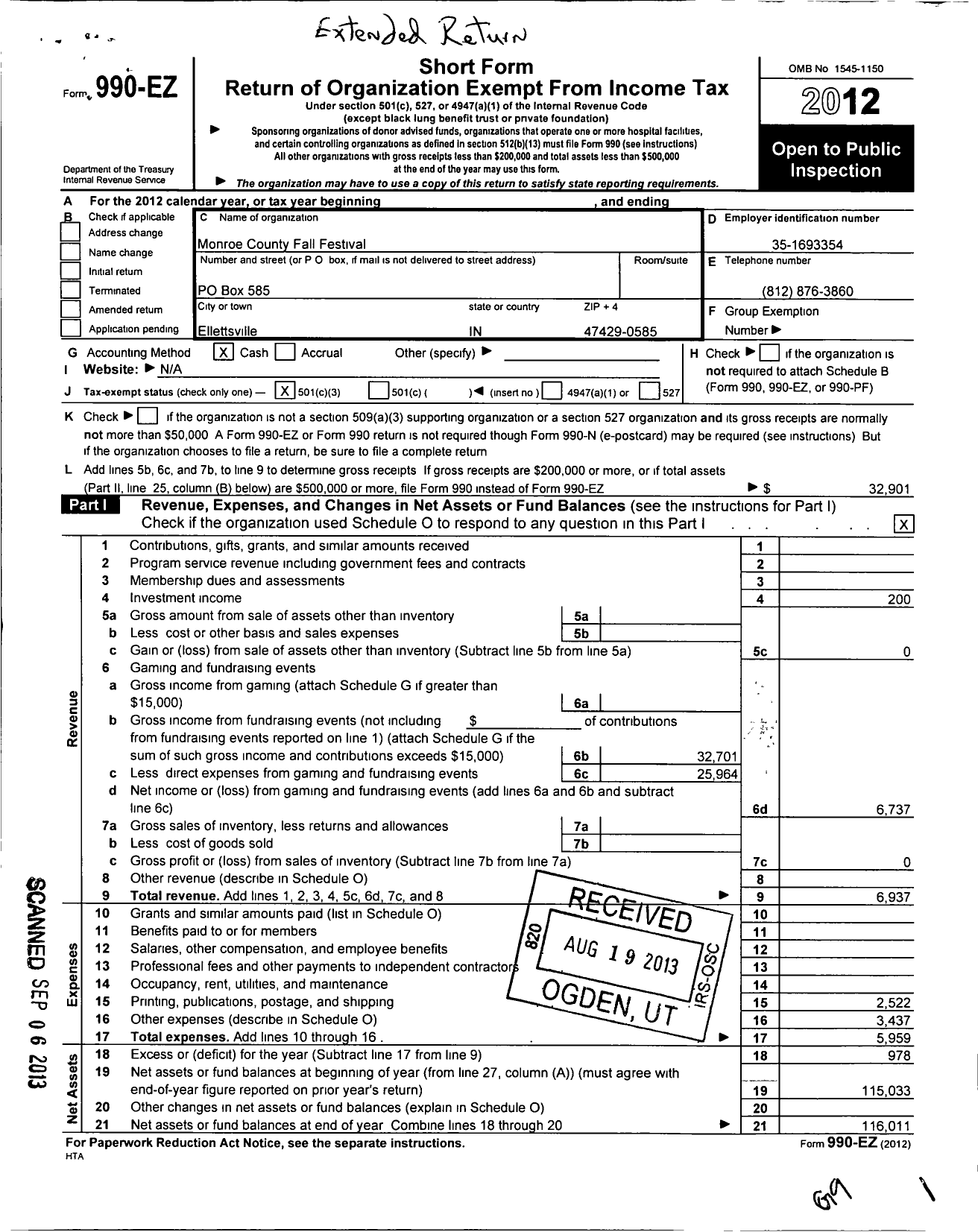 Image of first page of 2012 Form 990EZ for Monroe County Fall Festival Association