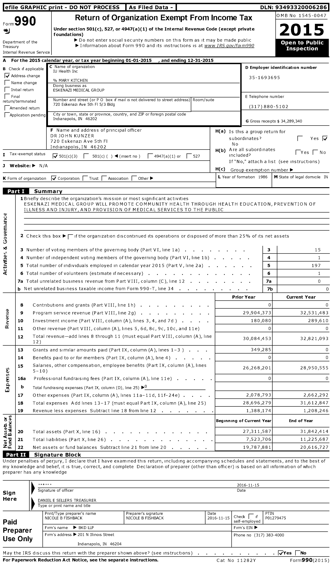 Image of first page of 2015 Form 990 for Eskenazi Medical Group