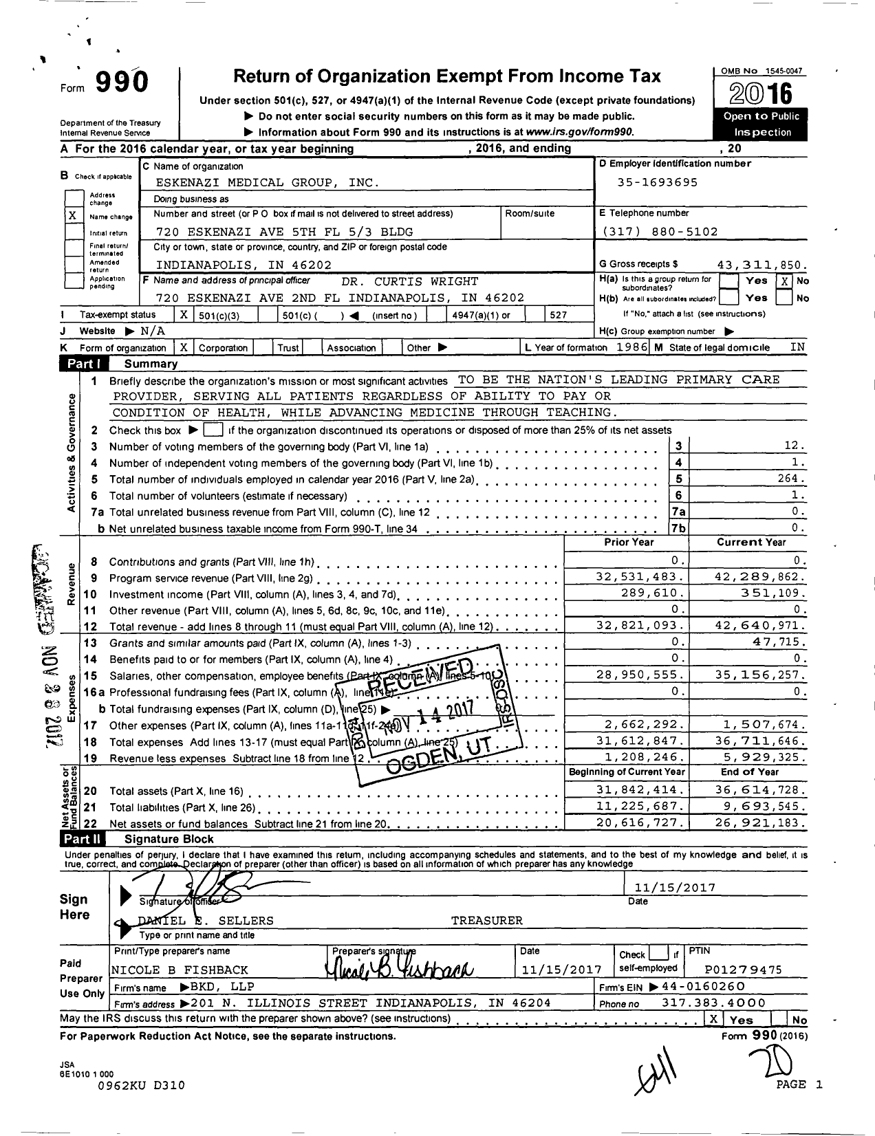 Image of first page of 2016 Form 990 for Eskenazi Medical Group