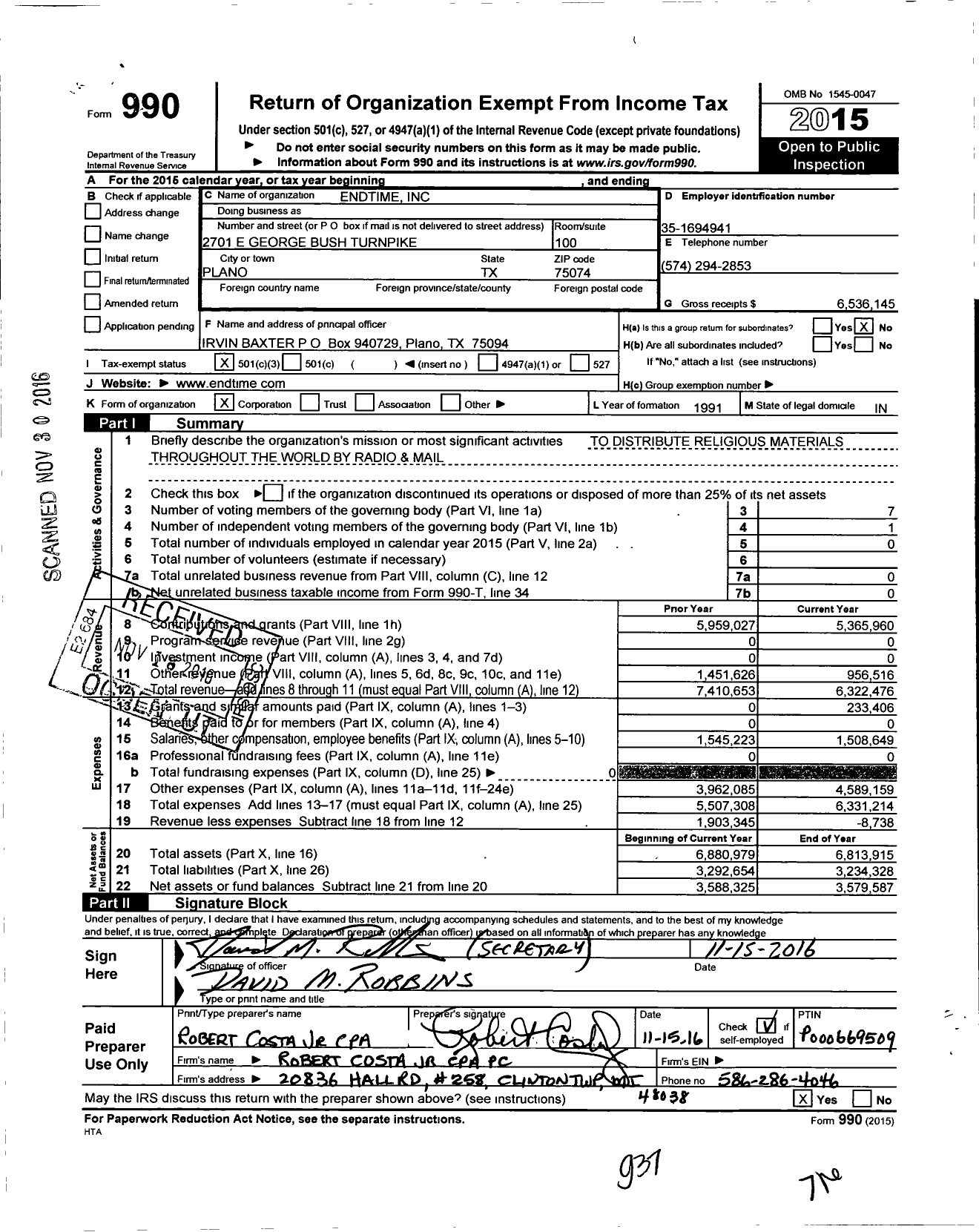 Image of first page of 2015 Form 990 for Endtime Ministries
