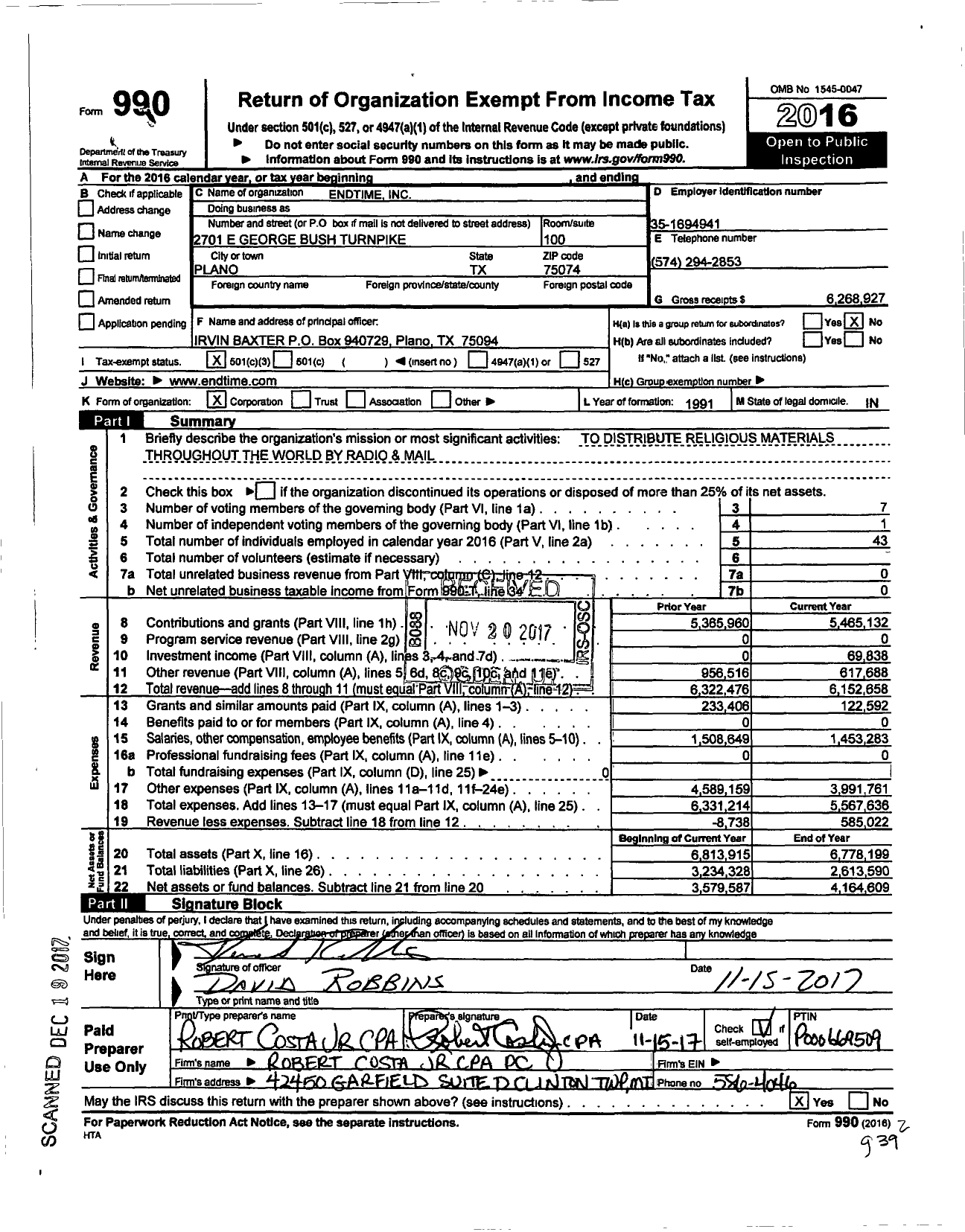 Image of first page of 2016 Form 990 for Endtime Ministries