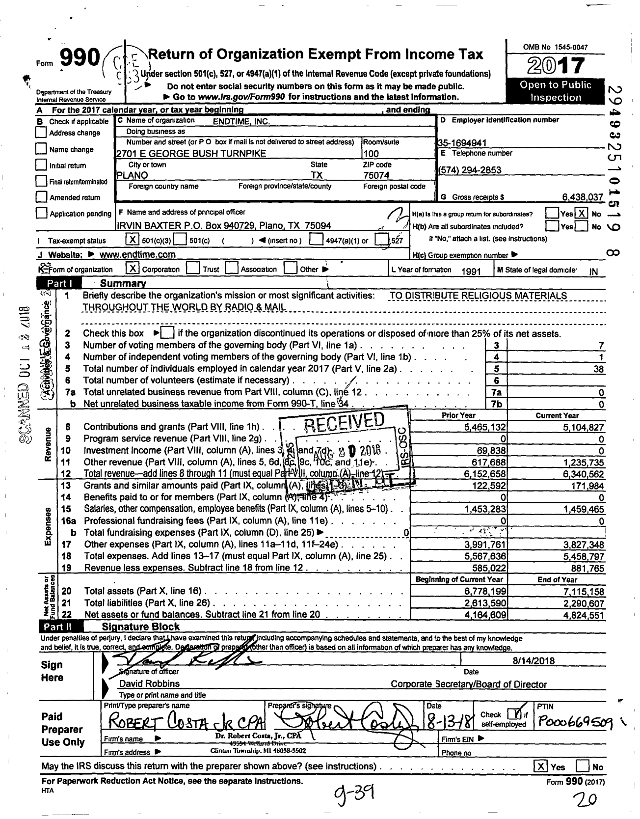 Image of first page of 2017 Form 990 for Endtime Ministries