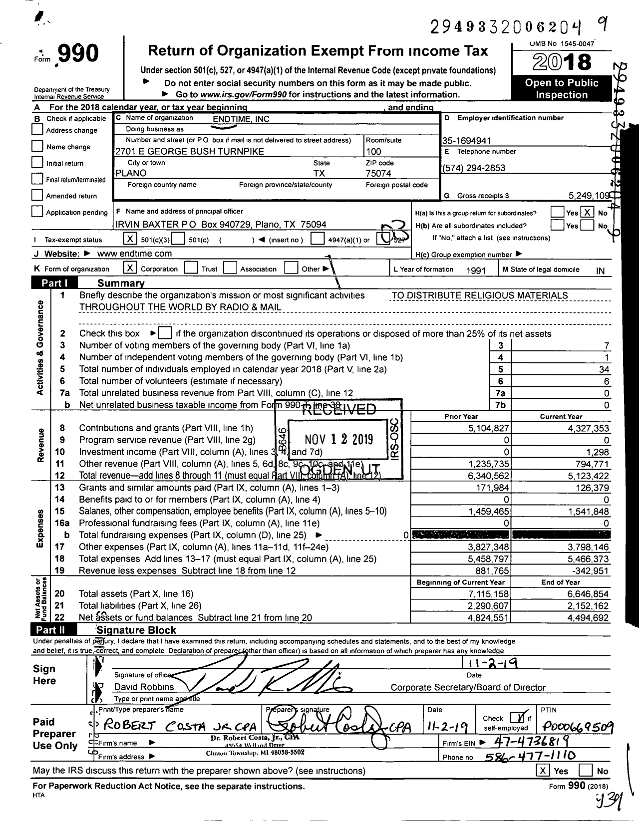 Image of first page of 2018 Form 990 for Endtime Ministries