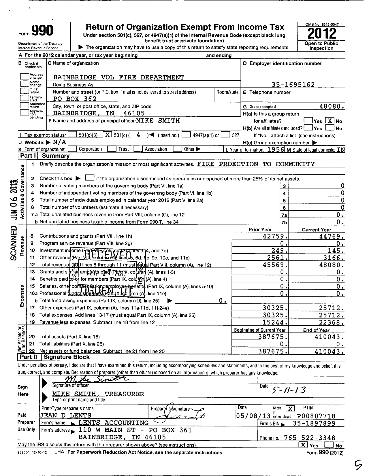 Image of first page of 2012 Form 990O for Bainbridge Volunteer Fire Department