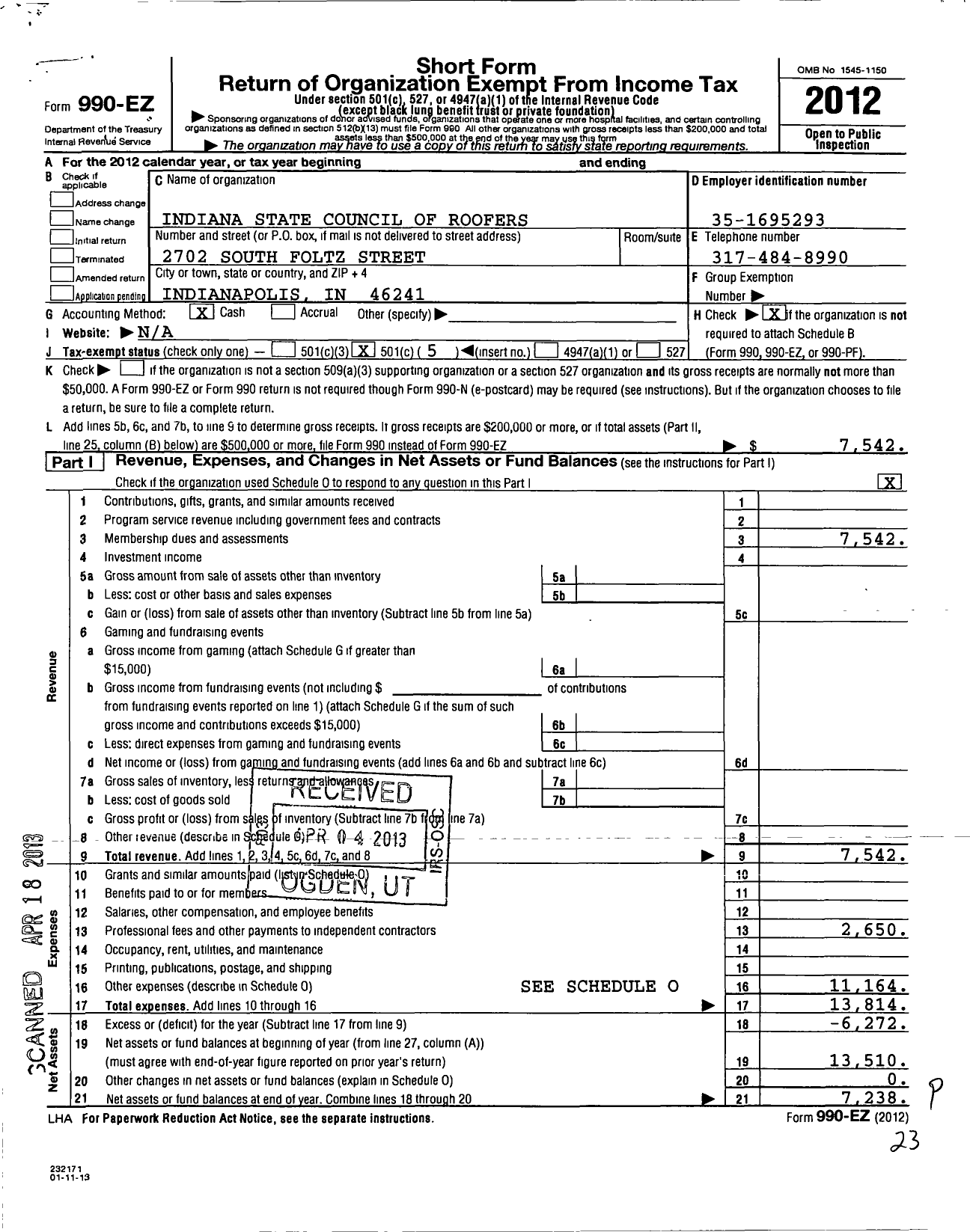 Image of first page of 2012 Form 990EO for United Union of Roofers, Waterproofers and Allied Workers - Indiana District Council