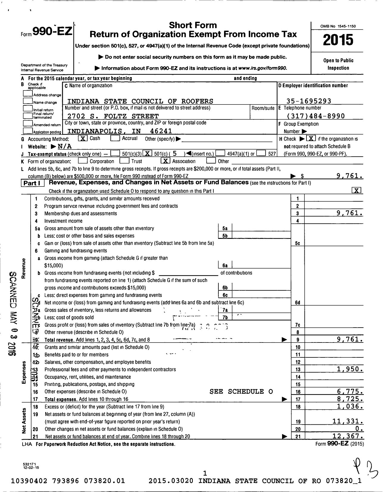 Image of first page of 2015 Form 990EO for United Union of Roofers, Waterproofers and Allied Workers - Indiana District Council