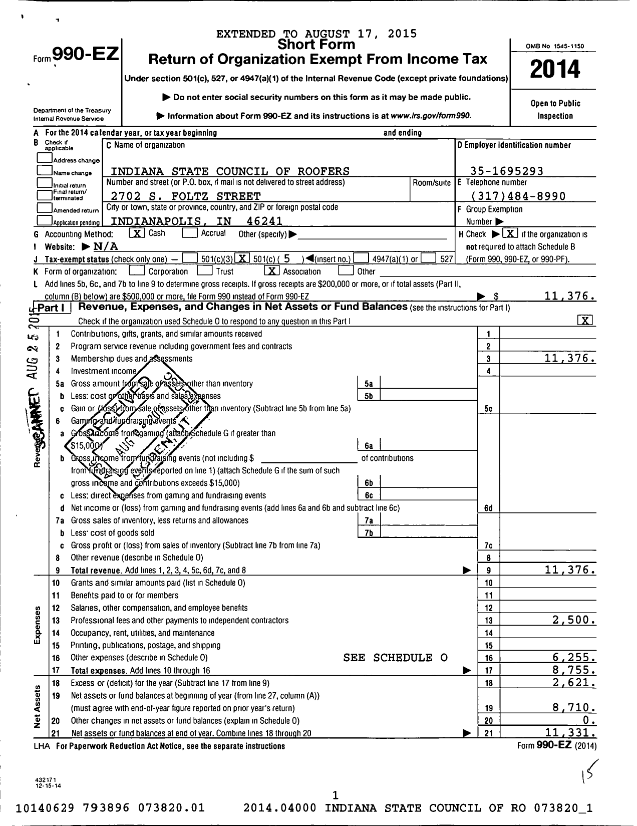 Image of first page of 2014 Form 990EO for United Union of Roofers, Waterproofers and Allied Workers - Indiana District Council