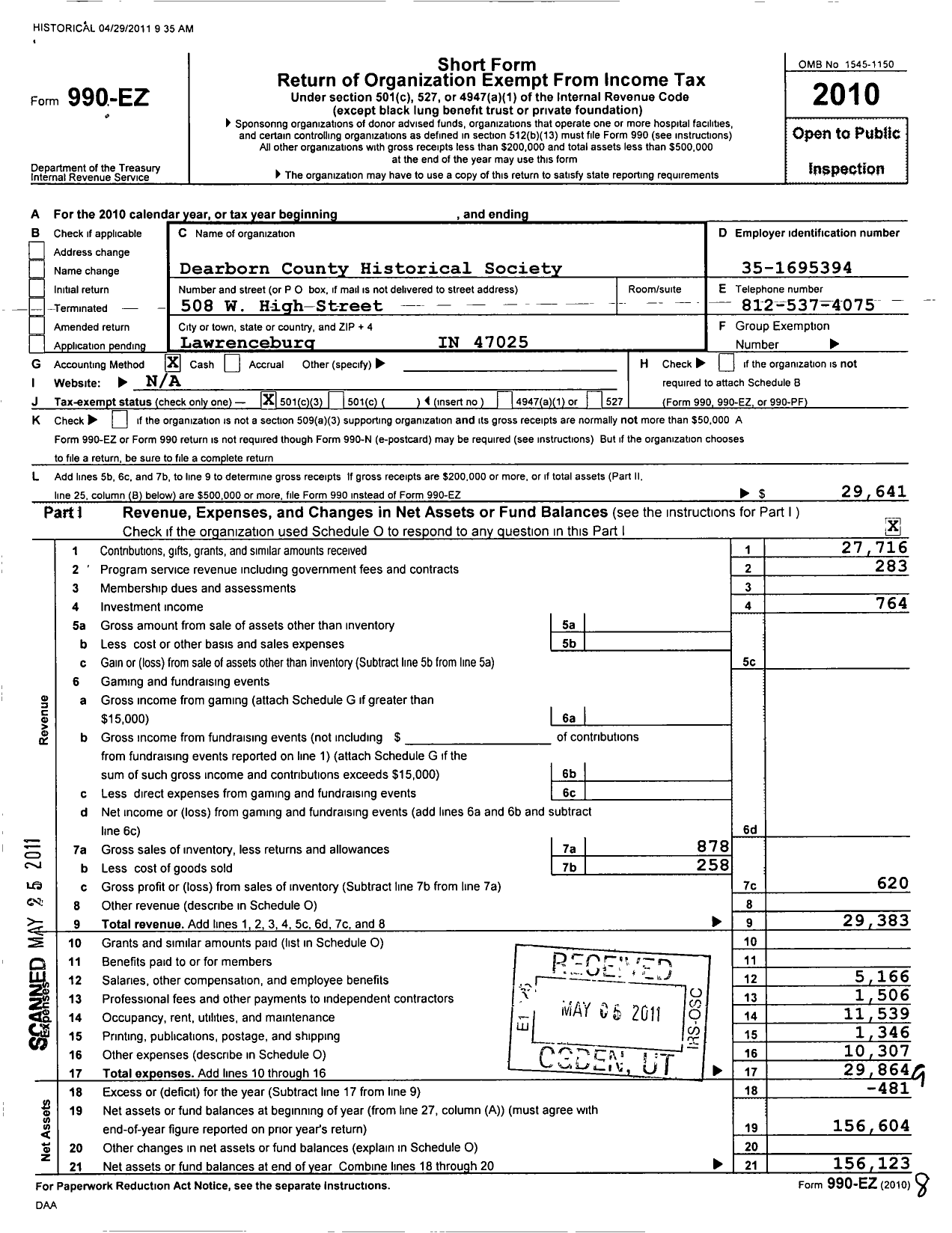 Image of first page of 2010 Form 990EZ for Dearborn County Historical Society