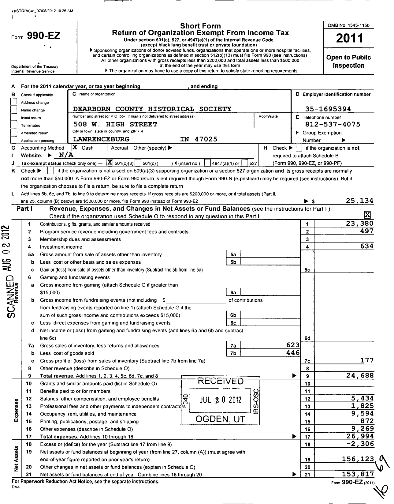 Image of first page of 2011 Form 990EZ for Dearborn County Historical Society