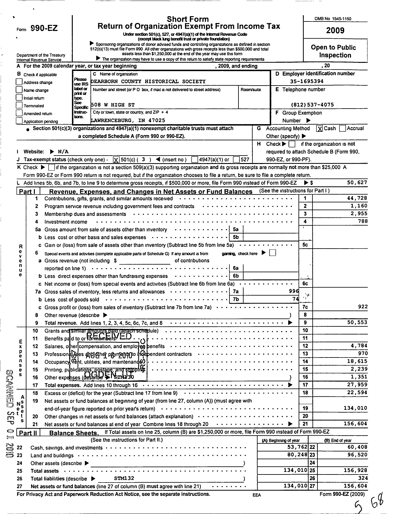 Image of first page of 2009 Form 990EZ for Dearborn County Historical Society