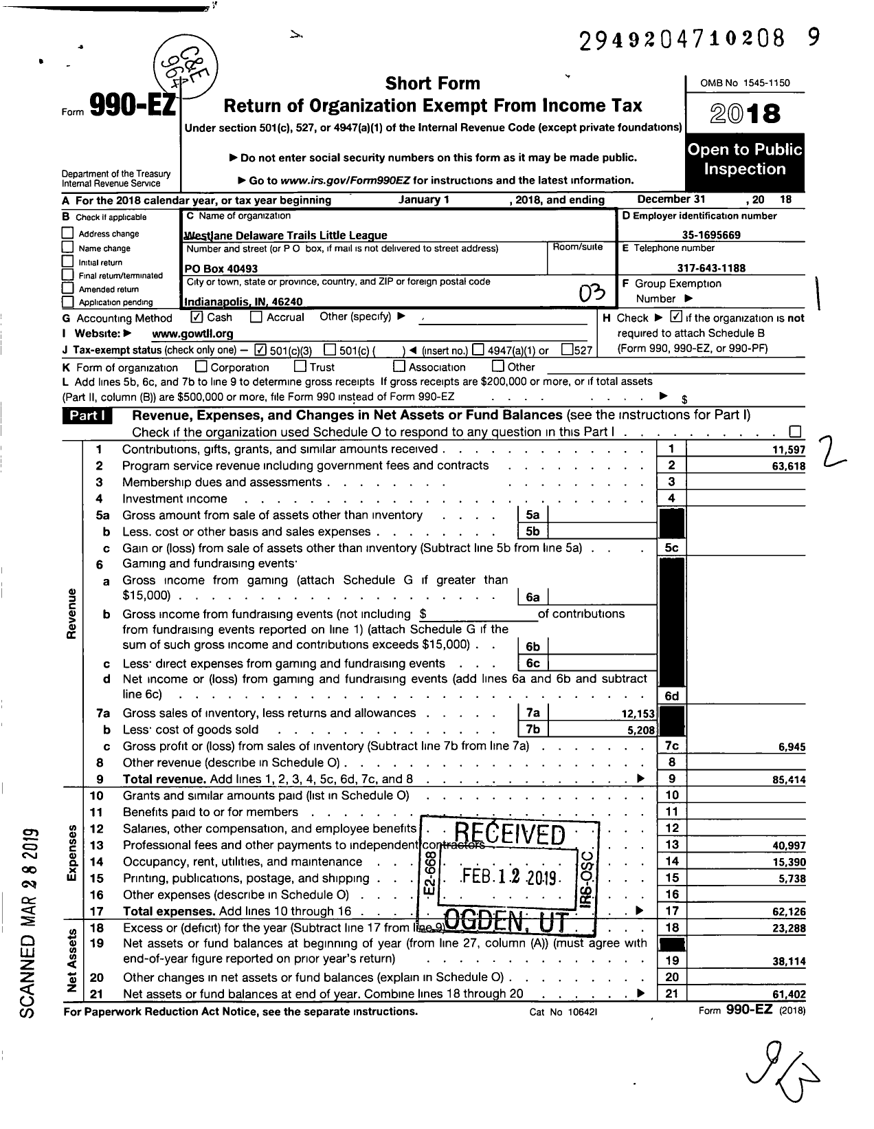 Image of first page of 2018 Form 990EZ for Little League BASEBALL - Washington Township Little League