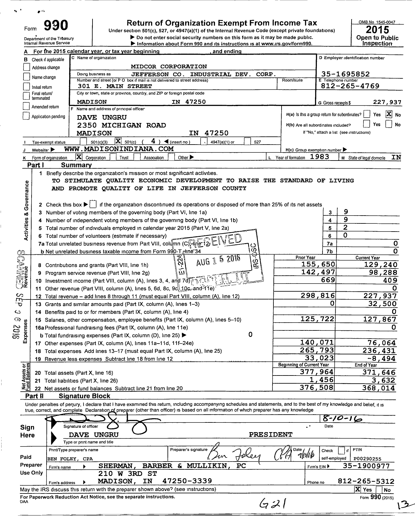 Image of first page of 2015 Form 990O for Jefferson Corporation Industrial Dev Corporation
