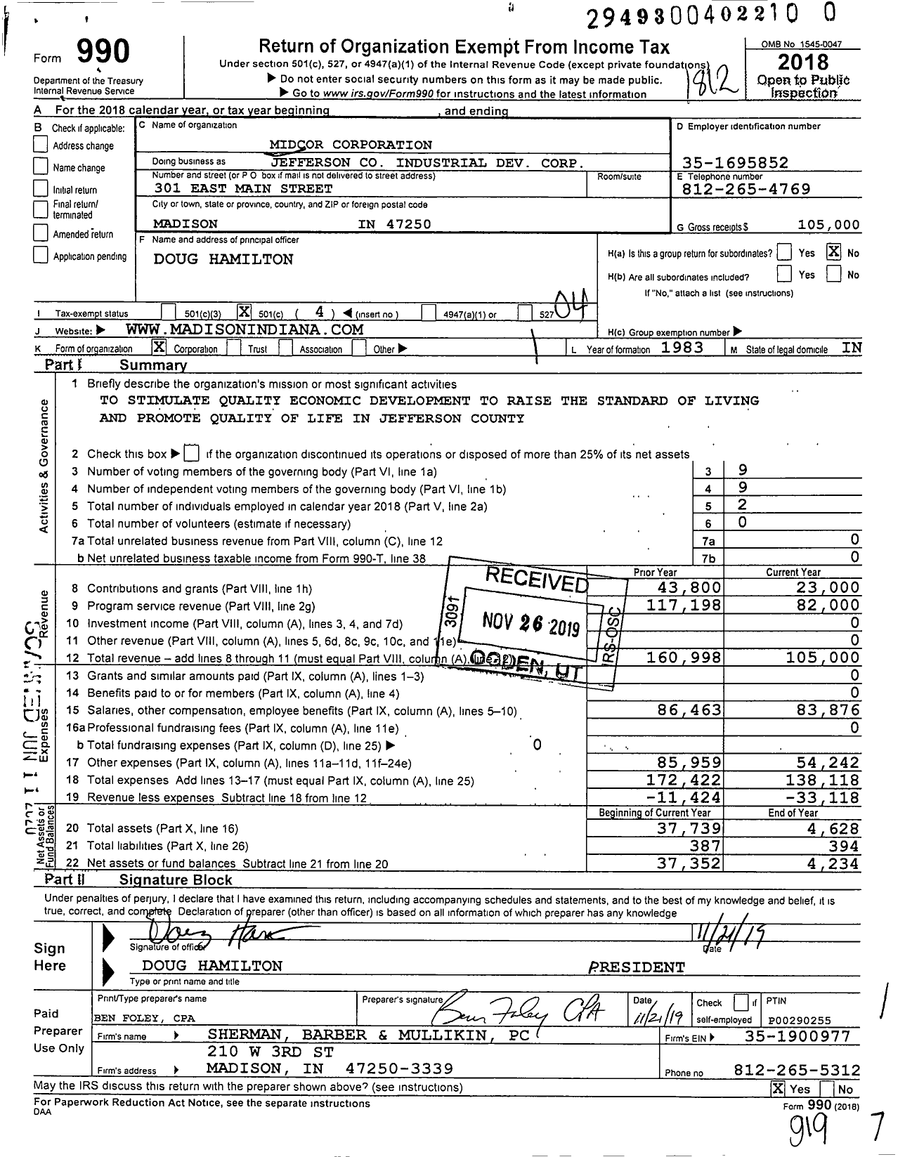 Image of first page of 2018 Form 990O for Jefferson Corporation Industrial Dev Corporation