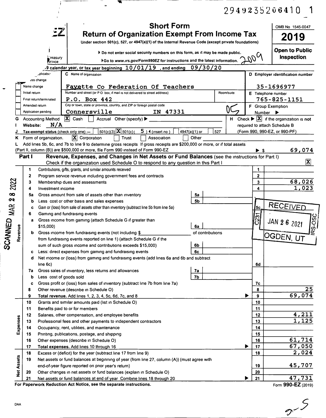 Image of first page of 2019 Form 990EO for American Federation of Teachers - 2205 Fayette County Federation of T