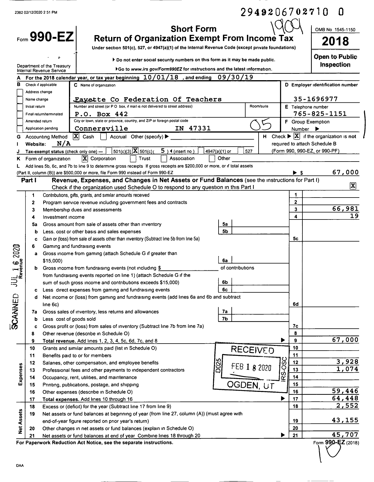 Image of first page of 2018 Form 990EO for American Federation of Teachers - 2205 Fayette County Federation of T