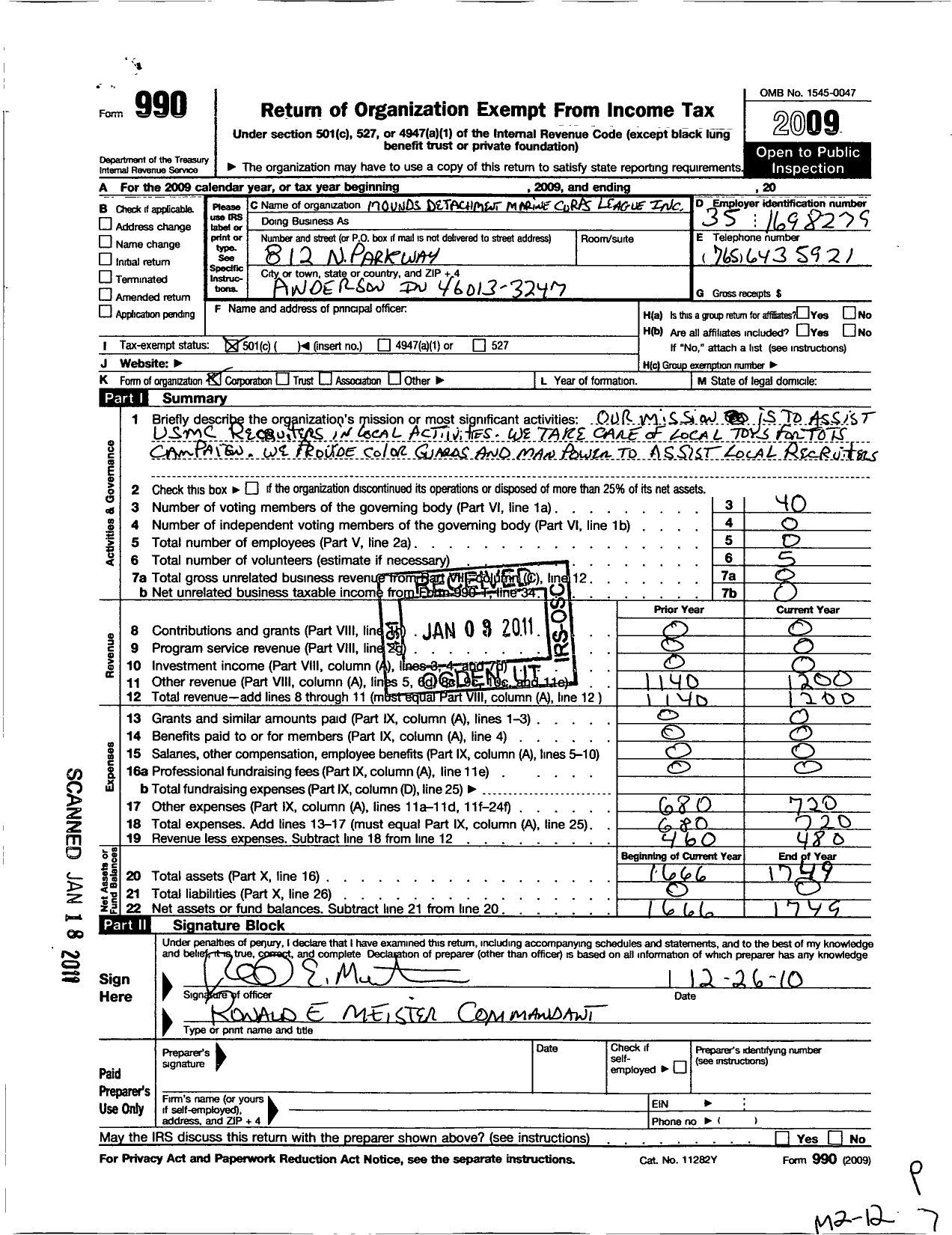Image of first page of 2009 Form 990O for Marine Corps League - Mounds Det 502
