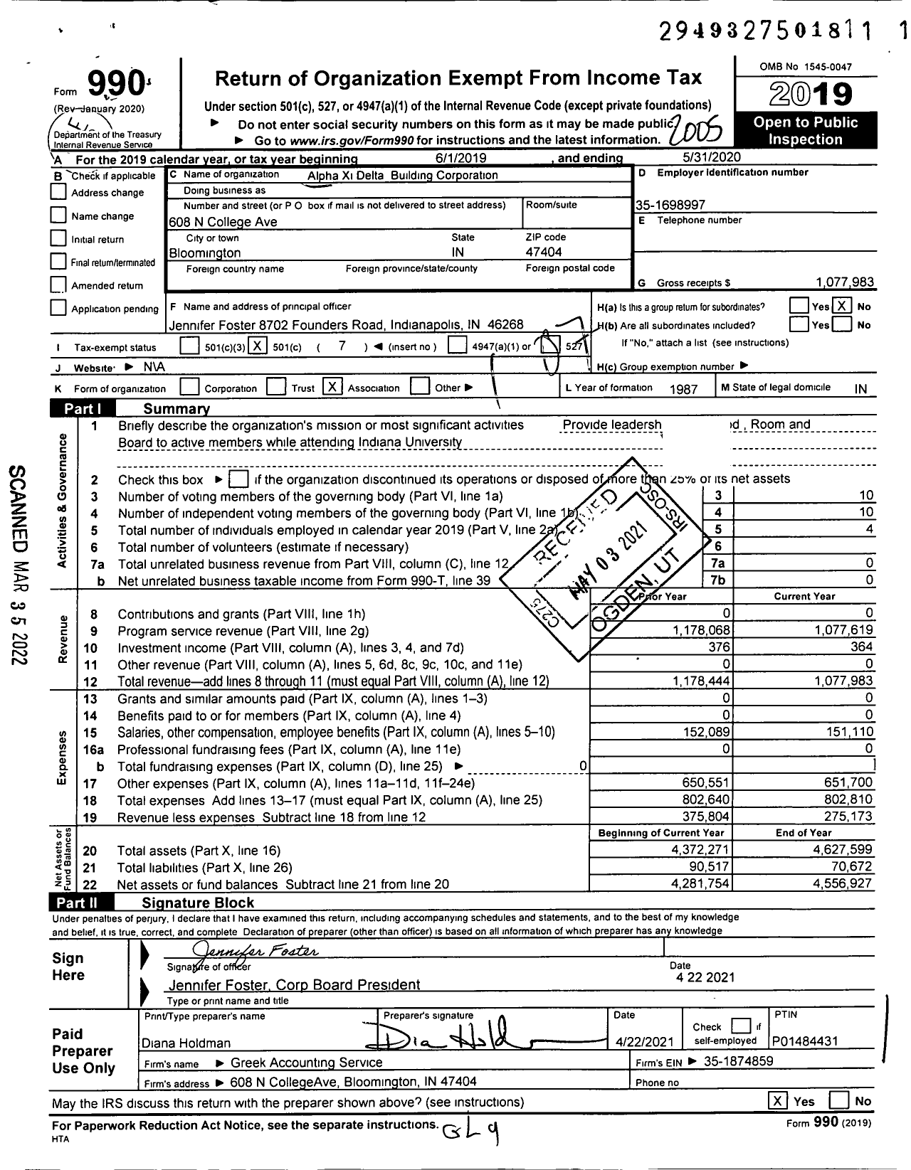 Image of first page of 2019 Form 990O for Alpha Xi Delta Building Corporation